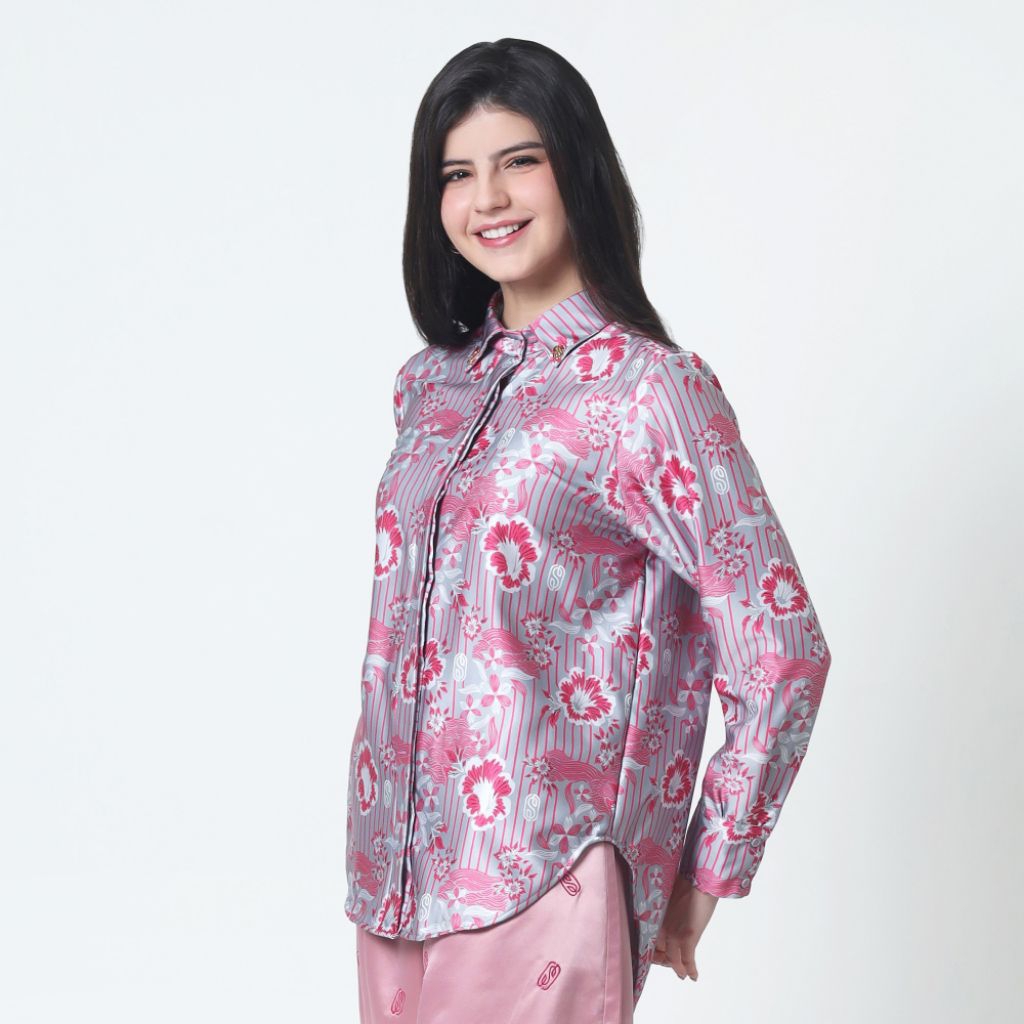 Set Kemeja Floral Satin Premium Dengan Celana Balon Pink