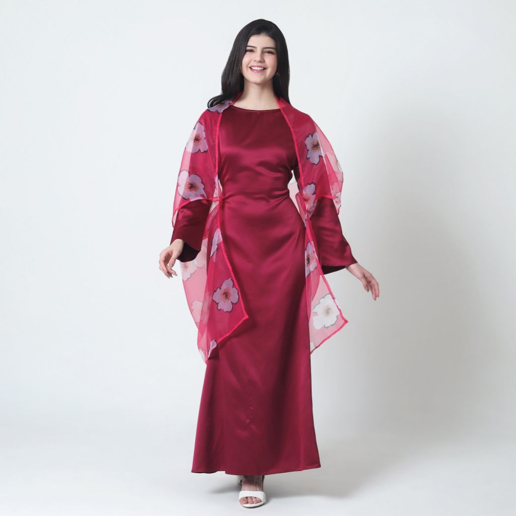 Maxi Dress Satin & Organza Floral Merah Elegan